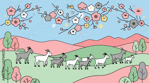 Flat Vector Illustration of a Herd of Stylized Goats Walking Through Rolling Hills with Cherry Blossoms Overhead, Minimalist Graphic Design with Pastel Colors and Clean Lines