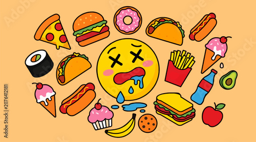 Flat Vector Illustration of a Drooling Emoji Surrounded by Various Fast Food Items and Snacks on a Peach Background, Graphic Design Elements