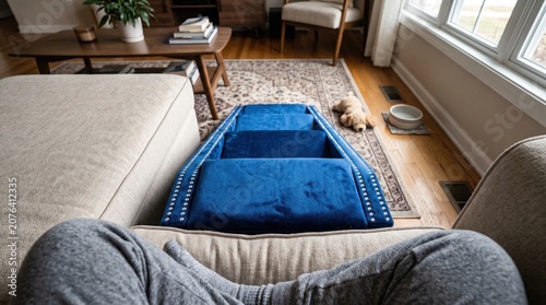 POV of elegant royal blue velvet pet stairs near luxury sofa.