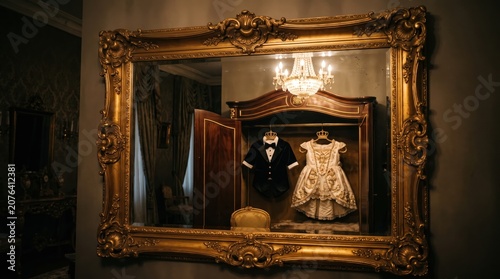 Reflection in golden mirror of luxury royal pet wardrobe closet.