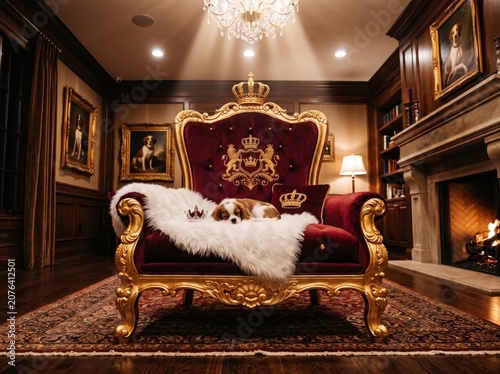 Royal pet furniture with luxury burgundy velvet dog throne bed.