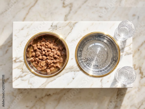 Top down view of luxury marble pet feeding station with gold rims.