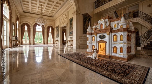 Ultra wide view of luxury royal pet mansion house in grand hall.