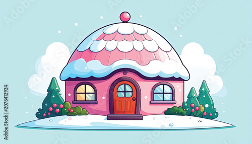 Pink Snowy House With Red Door.
