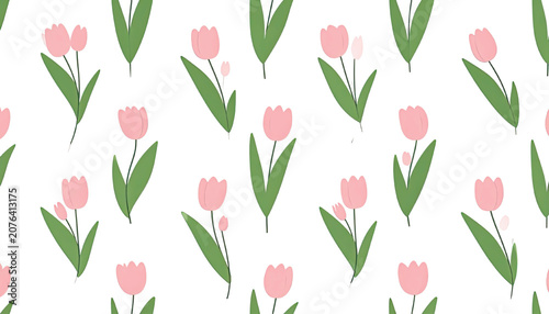 Pink Tulips with Green Leaves Pattern.