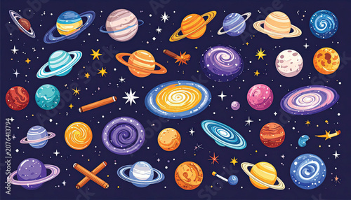 Planets and celestial bodies in space.