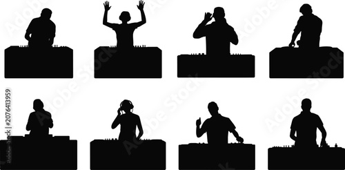 Obraz na plátně DJ silhouette vector illustration set with disc jockeys mixing music on turntables for night club party festival and concert design