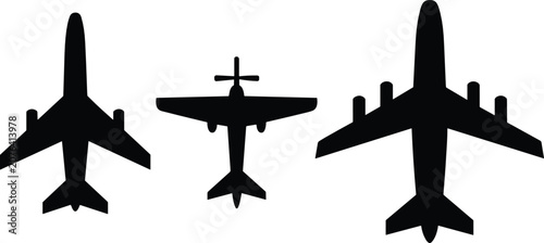 Photos Airplane silhouette vector illustration set with top view overhead passenger jet planes and propeller aircraft for travel transportation aviation design