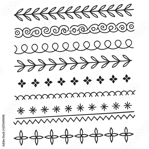 Delicate hand drawn botanical borders and leaf line dividers collection for elegant wedding invitations and paper craft projects with organic vine patterns and decorative leaf sketches on white area.