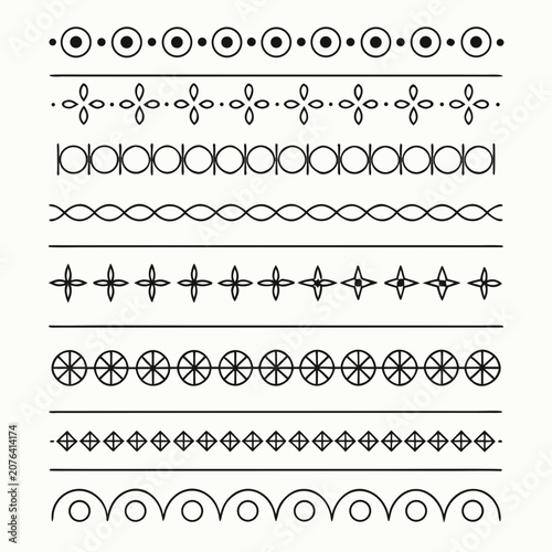Fotografi Set of clean decorative border lines featuring dots flowers loops and geometric shapes in a straight horizontal format for page dividers or frame design elements black and white vector illustration