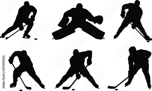 Photography Ice hockey player silhouette vector illustration set with various athletes goalies and skaters handling sticks and pucks for winter sports design