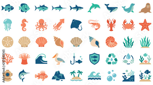 Photography Marine life icons set with sea animals and ocean items.
