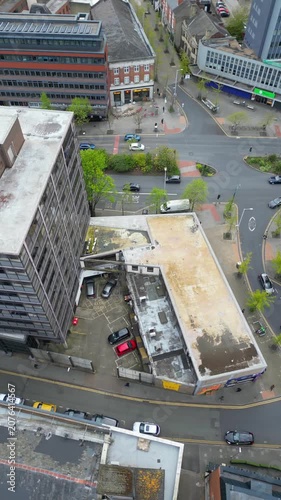 High Angle Vertical Footage of Central Historical Nottingham City Centre Downtown of England, Great Britain. Nottingham is a city in central England’s Midlands region. 