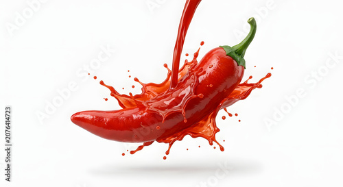 Realistic fresh red chili pepper surrounded by a vibrant red sauce splash, isolated on a white background. Perfect for spicy food advertising, packaging, cooking, and ingredient concepts.