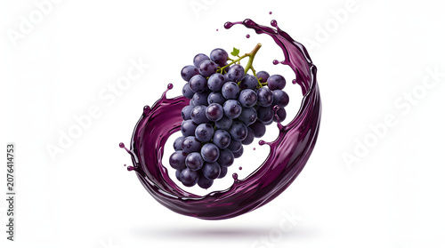 Realistic fresh purple grape cluster surrounded by a rich grape juice splash, isolated on a white background. Perfect for beverage advertising, wine, juice, packaging, and healthy food concepts.