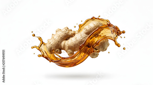 Realistic fresh ginger root surrounded by a vibrant golden ginger splash, isolated on a white background. Perfect for healthy food, herbal products, cooking, packaging, and advertising concepts.