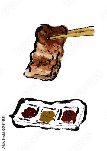 タレと焼肉を一切れ、箸で掴んでいる手書き筆イラスト