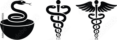 Caduceus and Rod of Asclepius vector icon set with various pharmacy snakes medical symbols and wings for healthcare graphic design.