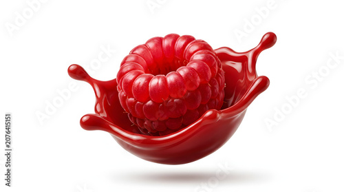 Realistic fresh raspberry surrounded by a vibrant red raspberry juice splash, isolated on a white background. Perfect for healthy food, beverage advertising, packaging, and dessert concepts.