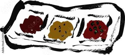 皿に入った焼き肉のタレ3種の手書き筆イラスト