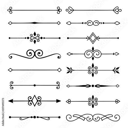 Calligraphic text dividers set vintage ornaments border lines and flourish decoration isolated on white background for wedding invitation card stationery design or page break separator graphic items.
