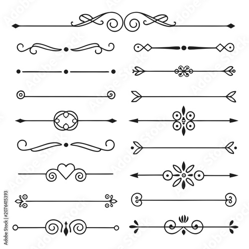 Black vector dividers and flourish line separators for elegant card layout design including romantic hearts and symmetrical decorative ornaments set against a clean white background for print media.