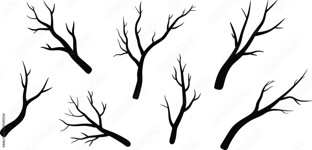 Fototapeta premium Bare branch silhouette vector illustration set with various dead tree twigs gnarled boughs and dry wood elements for autumn halloween landscape design.