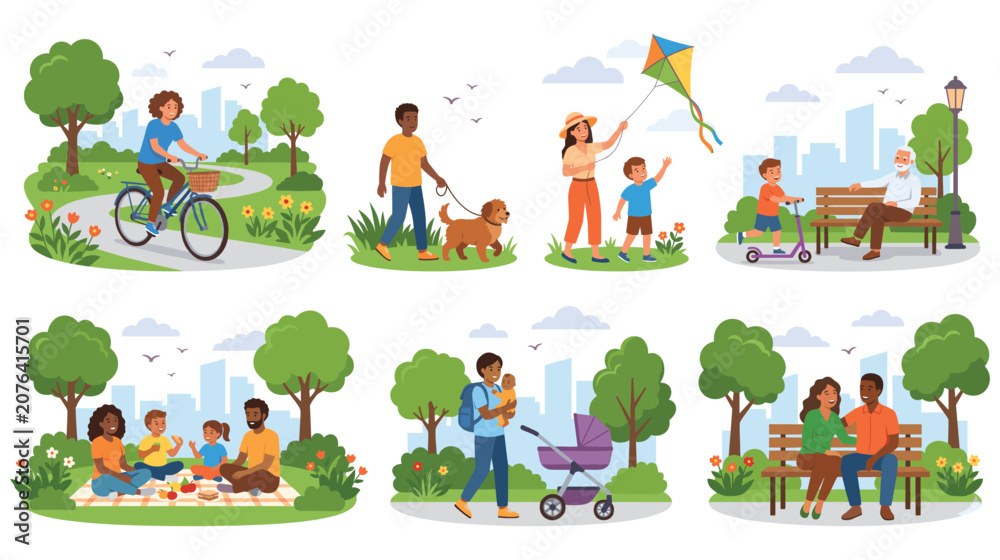 Fototapeta premium People outdoor park activities in various urban settings.