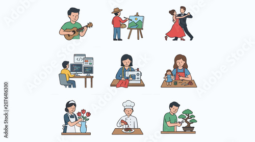Schilderij op canvas Flat Vector Icons of People Engaged in Hobbies and Professions: Ukulele Player,