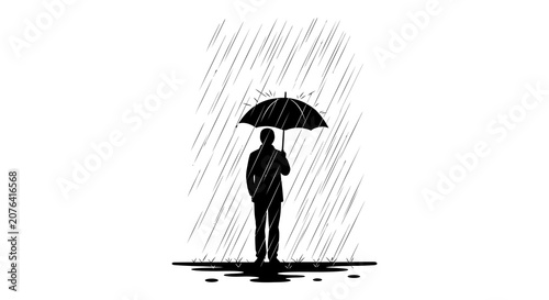 Obraz na plátně Man With Umbrella In Rainstorm Black Silhouette