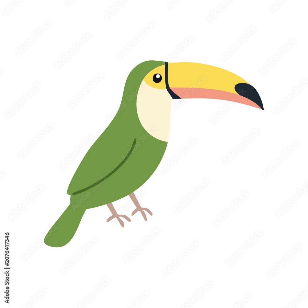 Fototapeta premium Green toucan bird with large yellow beak and black markings isolated on white background