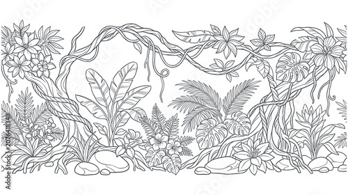 Obraz na plátně Tropical jungle panorama with plants vines and rocks.