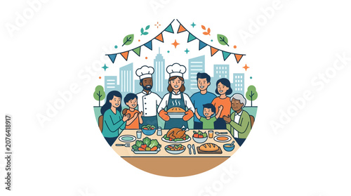 Family Celebrating Thanksgiving Dinner with Diverse Chefs Serving Food