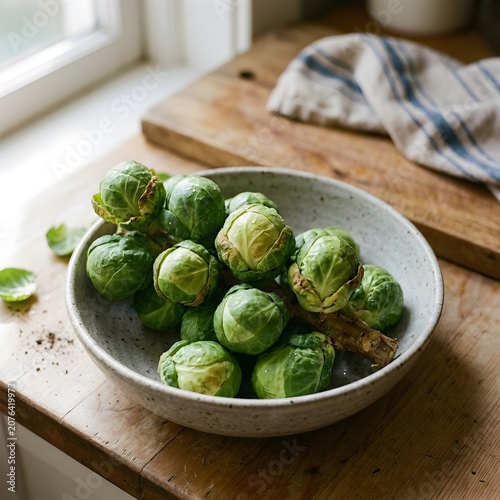 Fresh Brussels Sprouts in White Bowl on Wooden Table Top Down View