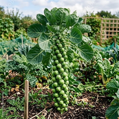 Fresh Brussels Sprouts Growing in Organic Vegetable Garden with Green Leaves and Soil