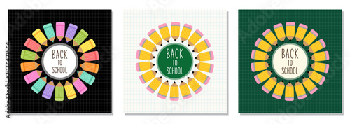 Back to School Pencil Wreath Illustration Set with Classroom Chalkboard Background