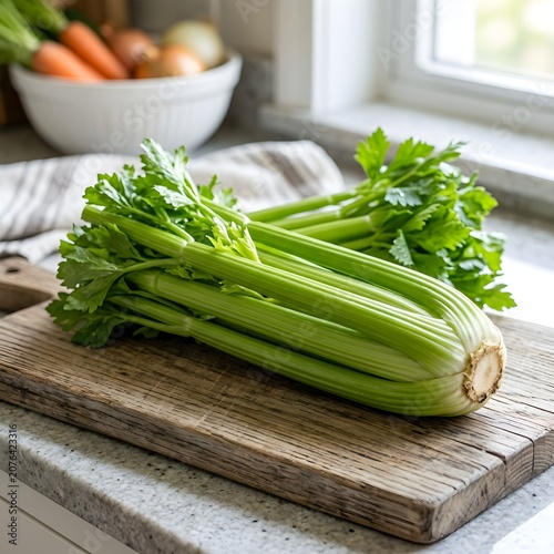 Fresh raw celery stalks on wooden cutting board in bright natural light kitchen setting