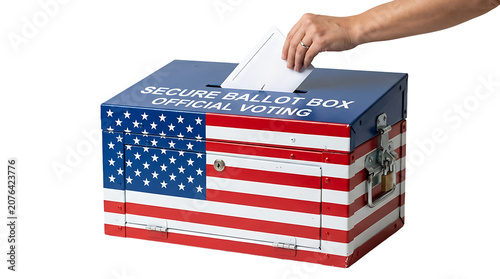 Hand inserting ballot into Secure Ballot Box with American flag design