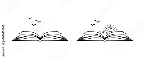 Open Book Logo Vector Illustration Featuring Flying Birds, Flowing Pages, Sunlight, Water Elements, and Learning Theme