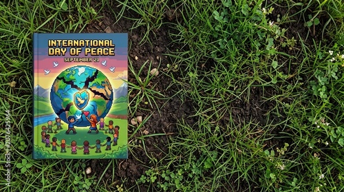 Flat Lay View of Book Cover on Green Grass Featuring International Day of Peace Pixel Art with Earth Globe and Children