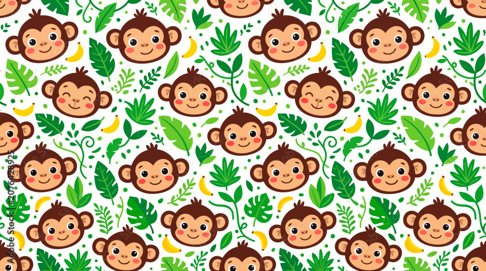 Fototapeta premium Playful repeat pattern featuring smiling brown monkey heads, yellow bananas, and vibrant green palm and monstera leaves on a white backdrop. Ideal for nursery decor or children's textile design.