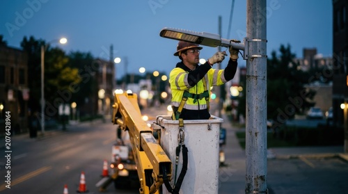 A street light technician installing a new LED lamp on a utility pole using a cherry picker at dusk, focused on maintaining and upgrading urban lighting infrastructure for improved public safety. 