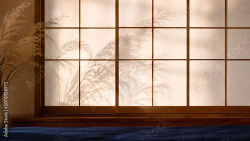Warm Shoji Screen With Pampas Grass Shadows in a Serene Interior