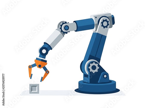 Industrial robotic arm with a gripper picking up a cube