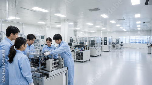 Engineering Team Inspecting Automated Equipment in a Clean Manufacturing Facility