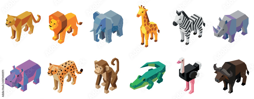 Fototapeta premium African animals icons set. Wildlife and safari concept. Includes lioness, lion, elephant, giraffe, zebra, rhinoceros, hippopotamus, cheetah, monkey, crocodile, ostrich, buffalo. Isometric