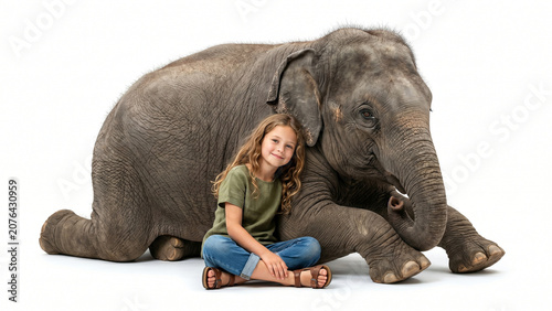 Heartwarming Friendship Between a Girl and an Elephant with white background 