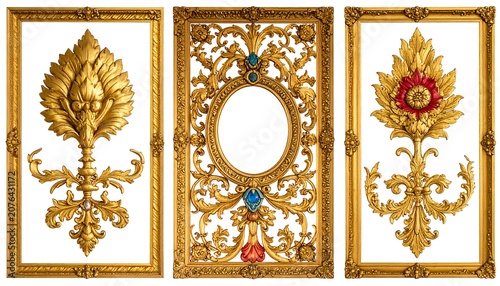 Golden floral pattern frames with circular center design.
