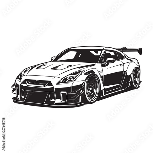 Black and white vector illustration of a tuned Japanese sports car.