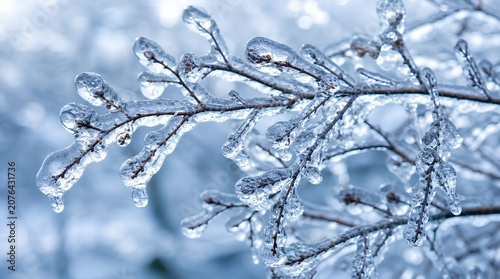 Delicate tree branches completely encased in transparent ice after a freezing rain storm, with glistening crystalline droplets hanging from every twig in cold blue-white light.
